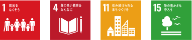 目標1：貧困をなくそう 目標4：質の高い教育をみんなに 目標11：住み続けられるまちづくりを 目標15：陸の豊かさも守ろう